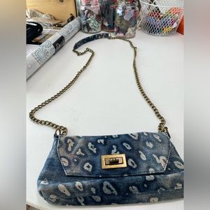 So cute! Small crossbody print denim, brass hardware
